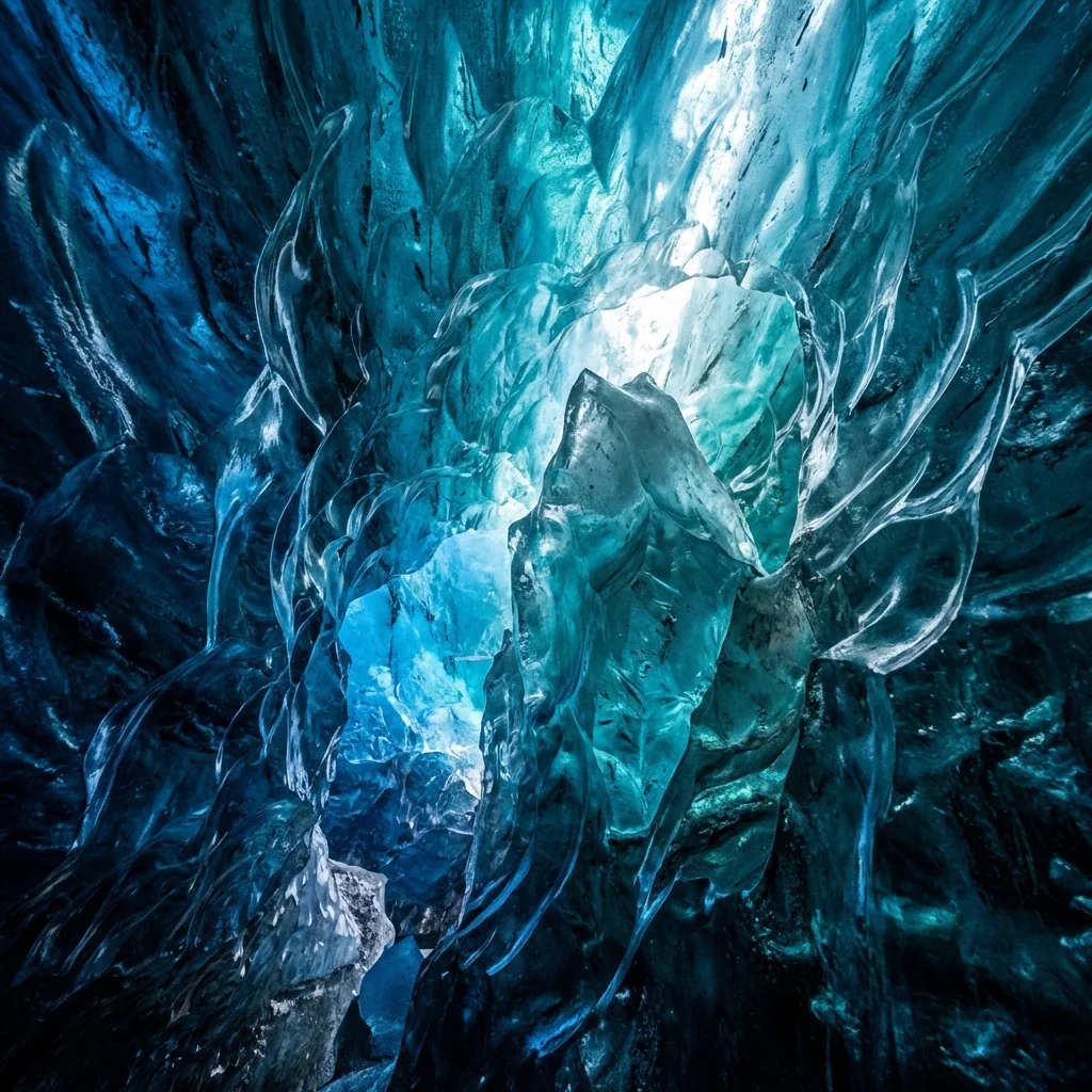 Interior of a Skaftafell Blue Ice Cave showing intense sapphire blue colors and smooth textures