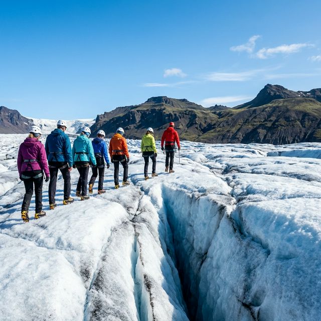 Hikers exploring deep blue crevasses on Falljokull glacier in summer